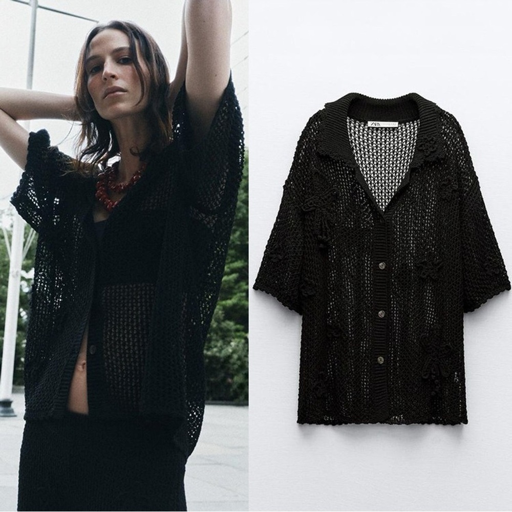 NWT Zara Black Open Knit Button Up